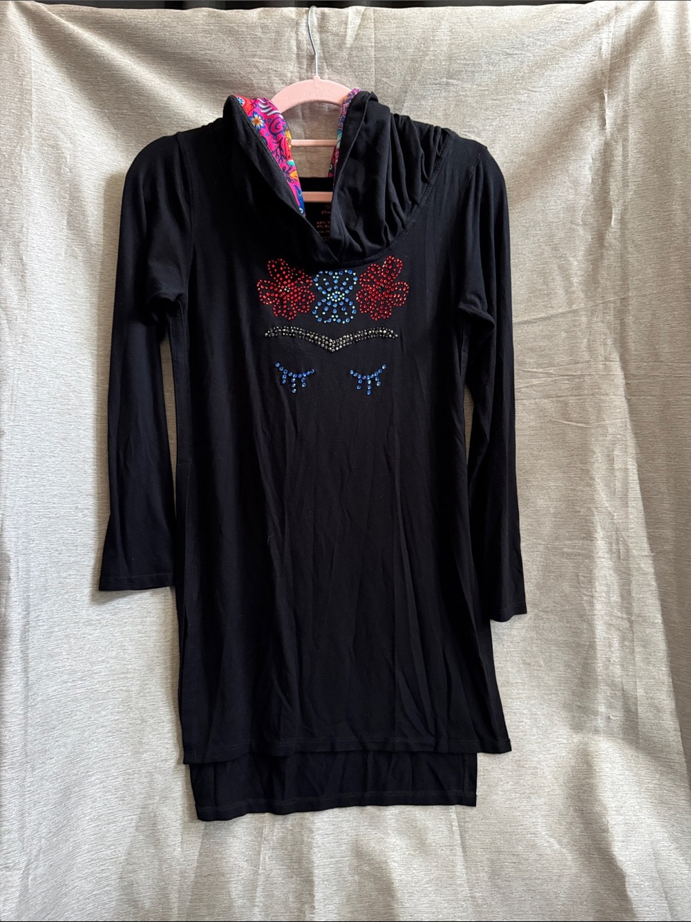 Black Hooded Top with Red & Blue Rhinestone Floral Accent